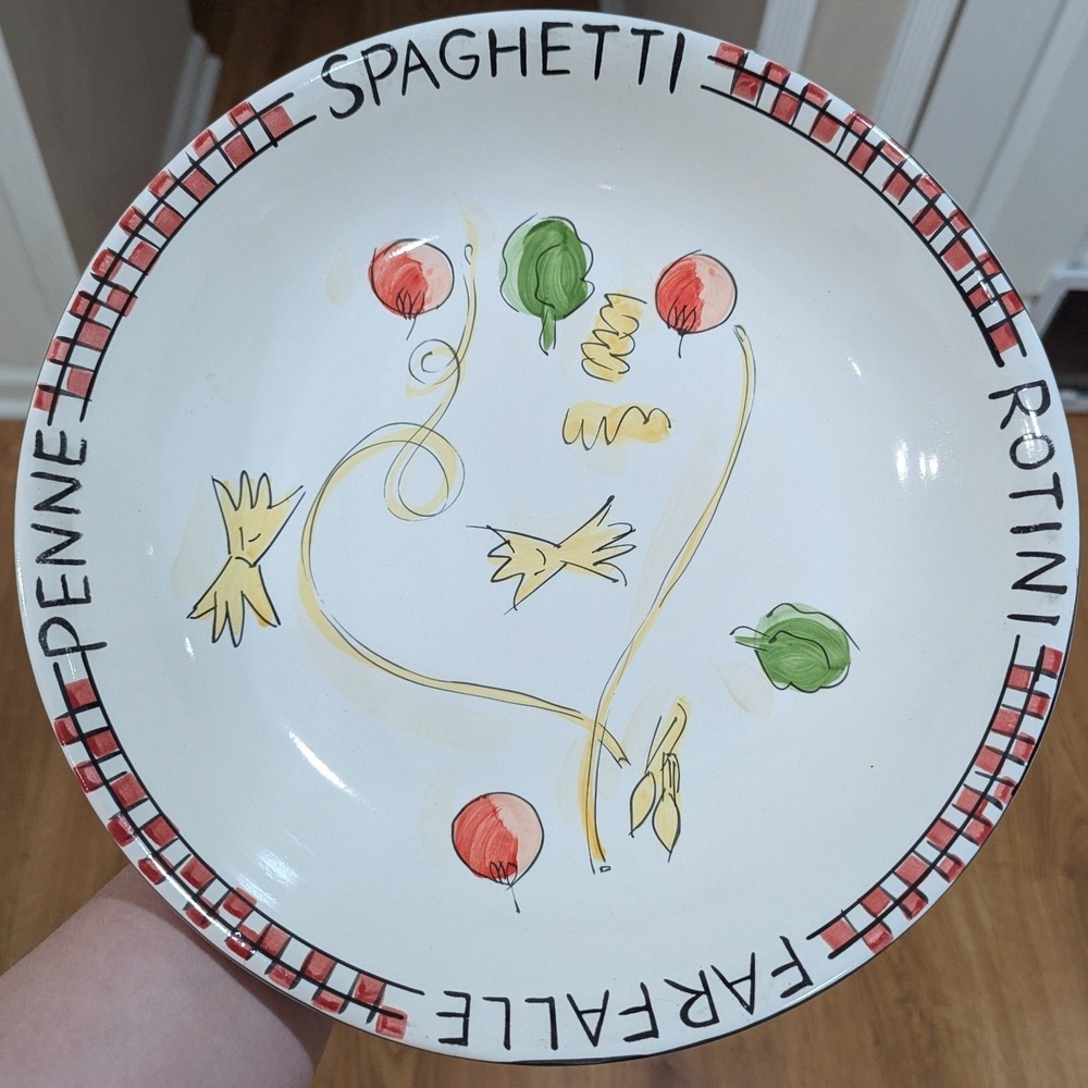 Tabletops Unlimited Pasta Serving Bowl 12" White Red Hand Painted‎ Pasta Shape